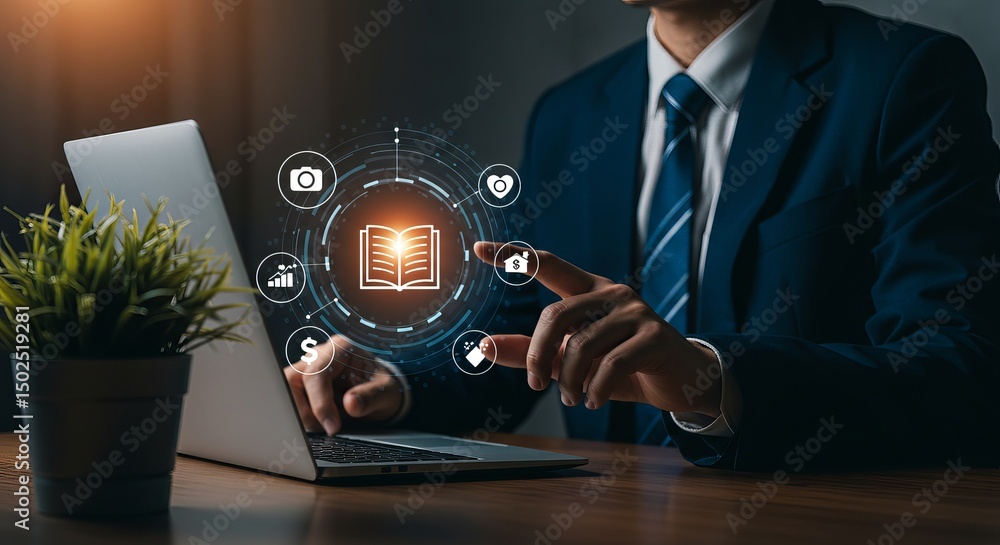 Poster man in suit using laptop with digital book icon and various symbols floating around the screen area