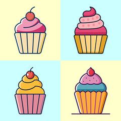 Colorful Cupcake Flat Vector Set – Cute Dessert Illustration in Modern Style