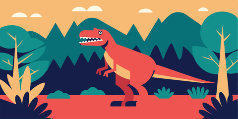 Flat illustration of a red tyrannosaurus rex in a colorful dinosaur landscape