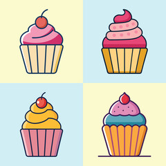 Colorful Cupcake Flat Vector Set – Cute Dessert Illustration in Modern Style