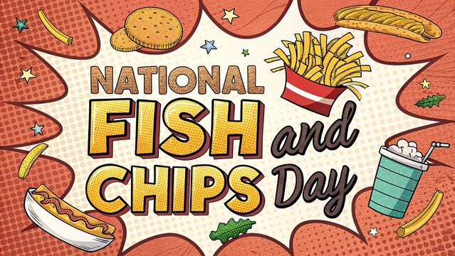 Pop Art Style HD Poster Celebrating National Fish And Chips Day.