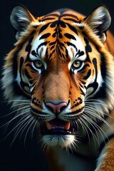 Obraz premium Fierce tiger face close-up with whiskers and eyes open wide, intense stare, fierce eyes, striped fur