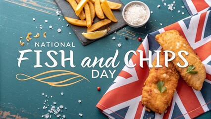 National Fish and Chips Day, Bold Graphic Poster With Golden Brown Fish And Chips.