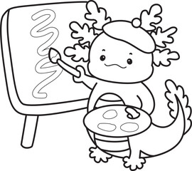 Outline of Illustration of cute axolotl activities icon.
Lineart of Funny pink axolotl in daily routine stickers.

