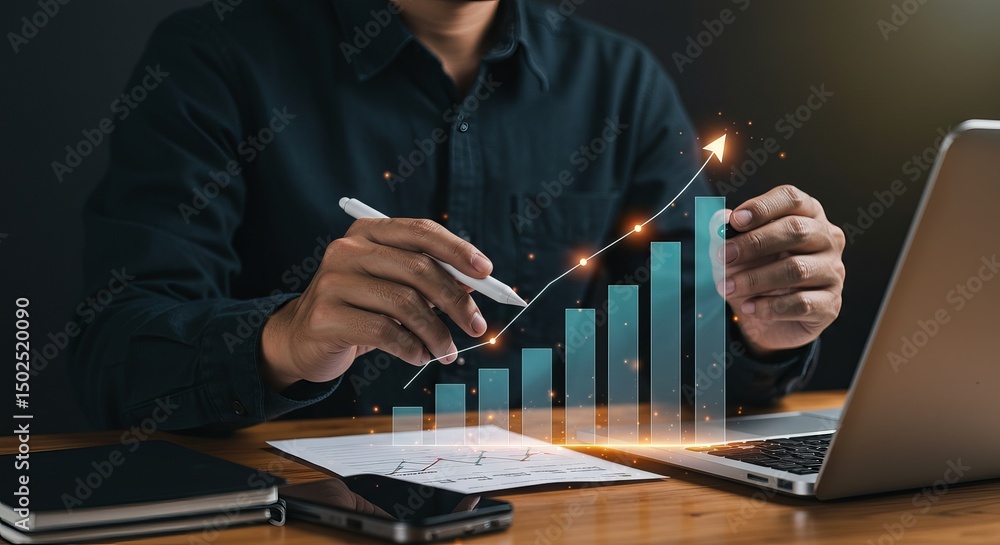 Poster a person analyzing a bar graph with an upward arrow using a pen and a laptop on a wooden desk