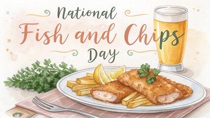 National Fish and Chips Day, Watercolor Poster Of Delicious Fish And Chips Plate.