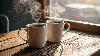 couple of coffee cups on a wooden table with flame