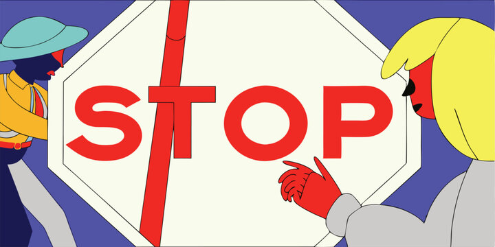 Illustrated stop sign graphic with silhouetted figures and vibrant colors vector art