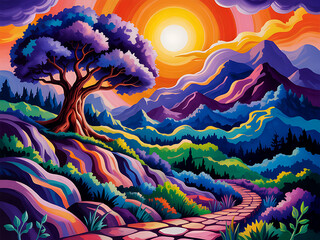 Vibrant sunset mountain landscape with majestic tree