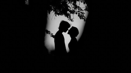 silhouettes of a couple embracing under a tree.