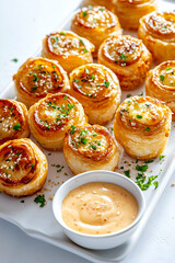savory puff pastry rolls with creamy dip