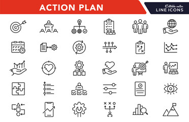 Action plan linear icon set. Strategy, startup, planning, workflow, analysis, tasks, goal, collaboration, business, steps, target, outline icon collection. UI thin outline vector icon