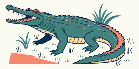 Illustration of a cartoon crocodile with open mouth and graphic plants on white background