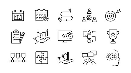 Action plan linear icon set. Strategy, startup, planning, workflow, analysis, tasks, goal, collaboration, business, steps, target, outline icon collection. UI thin outline vector icon