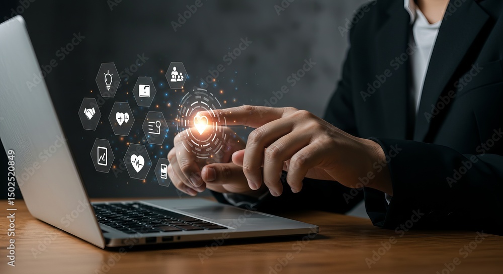 Poster man using laptop with digital interface and icons displaying on the screen in a modern office settin