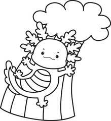 Outline of Illustration of cute axolotl activities icon.
Lineart of Funny pink axolotl in daily routine stickers.
