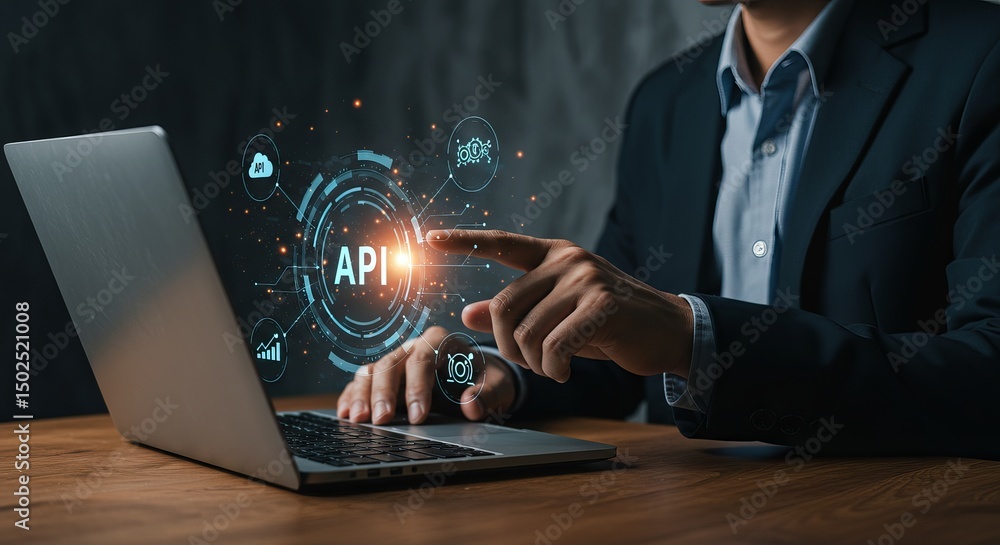 Poster man in suit interacting with api interface on laptop screen showcasing modern technology concept