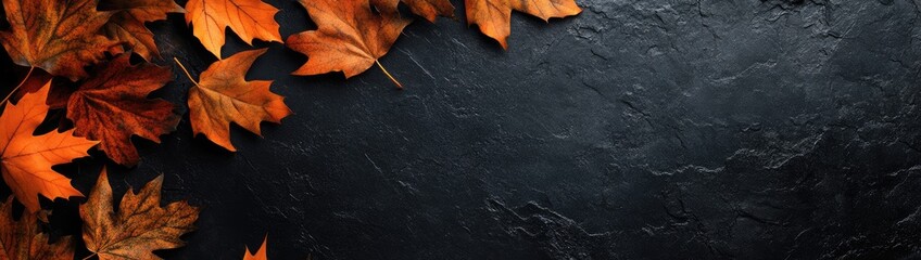Orange autumn leaves on a dark textured background with empty space for text