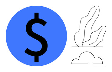 Dollar sign in blue circle beside minimalist plant and cloud. Ideal for finance, growth, nature, sustainability, investment, economy, success themes. Perfect for a simple landing page
