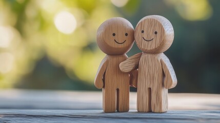 Wooden Human Figures Unite: Symbolizing Teamwork, Family Bonds, and Collaborative Success