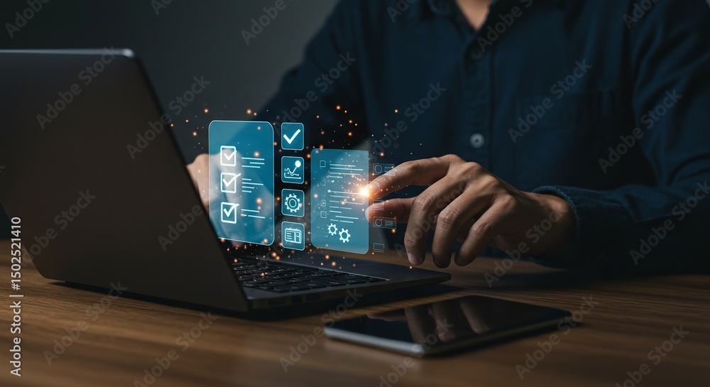 Poster person using laptop with digital interface displaying checklist and settings on a wooden desk surfac