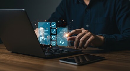 Person using laptop with digital interface displaying checklist and settings on a wooden desk surface