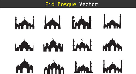 Mosque silhouette vector icon set illustration on white background. 