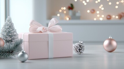 Elegant Pink Christmas Gift Box with Festive Decorations and Bokeh Lights gift box pink festive tree