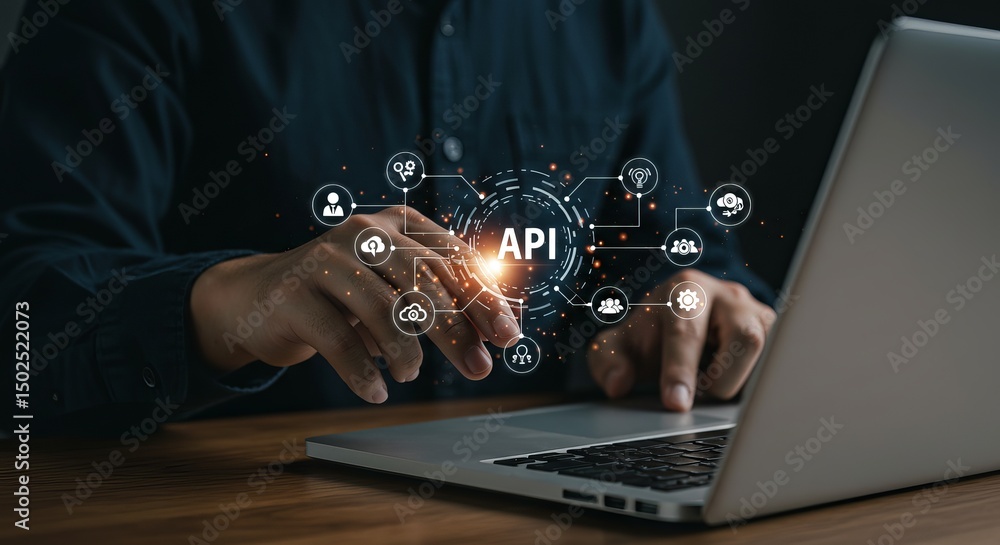 Poster a person using a laptop with an api graphic overlay showing cloud computing and digital connections