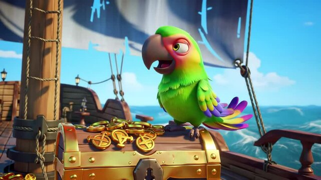 Happy parrot on pirate ship with treasure chest