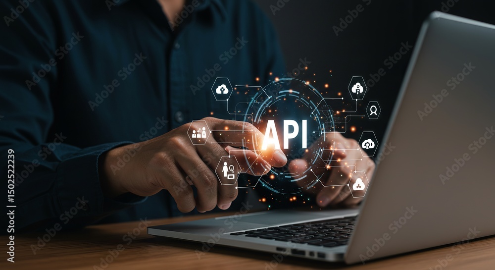 Poster man using laptop with api graphic overlay, showcasing digital networking and connectivity concepts o