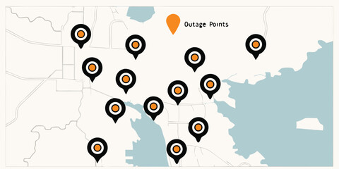 Fototapeta premium Map illustrating outage points displayed with marker icons representing location details