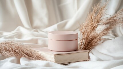 Light pink cosmetic container on a book, with dried pampas grass.