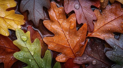 Oak leaf clusters colorful wet autumn leaves with detailed vein structures and water droplets forming natural mosaic pattern for graphic design