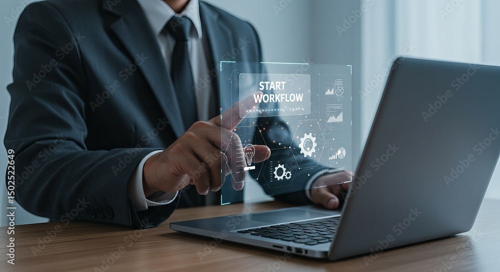 Poster a businessman in a suit using a laptop with a digital workflow interface displayed on the screen