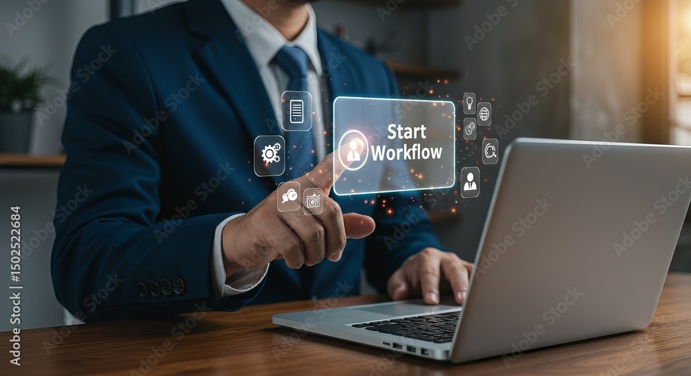 Poster businessman initiating workflow with digital interface on laptop in a modern office setting at dayti