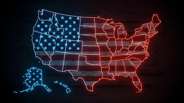 Neon outline of the United States map featuring the American flag against a dark wooden background