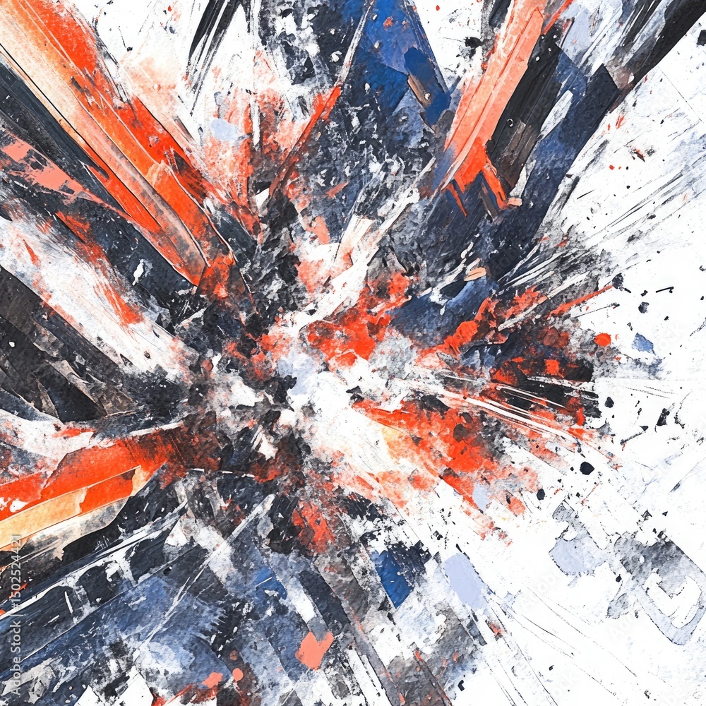 Poster Abstract, energetic explosion of color and form radiating outward from a central point.  Bold brushstrokes and splatters create a dynamic visual composition