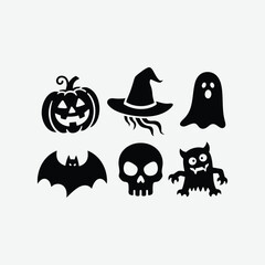 Obraz premium Download a spooky Halloween silhouette icon set featuring witches, pumpkins, ghosts, bats, and haunted houses. Perfect for DIY crafts, t-shirt designs, party decor, stickers, and digital artwork. 