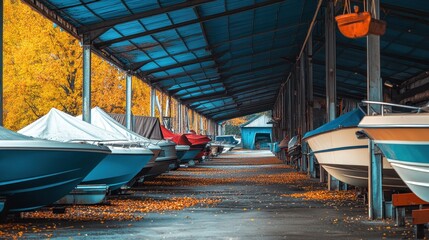 Seasonal Boat Shelter: Enclosed Row of Leisure Vessels Prepared for Winter Under Awning Amidst Autumn Foliage