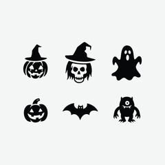Download a spooky Halloween silhouette icon set featuring witches, pumpkins, ghosts, bats, and haunted houses. Perfect for DIY crafts, t-shirt designs, party decor, stickers, and digital artwork. 