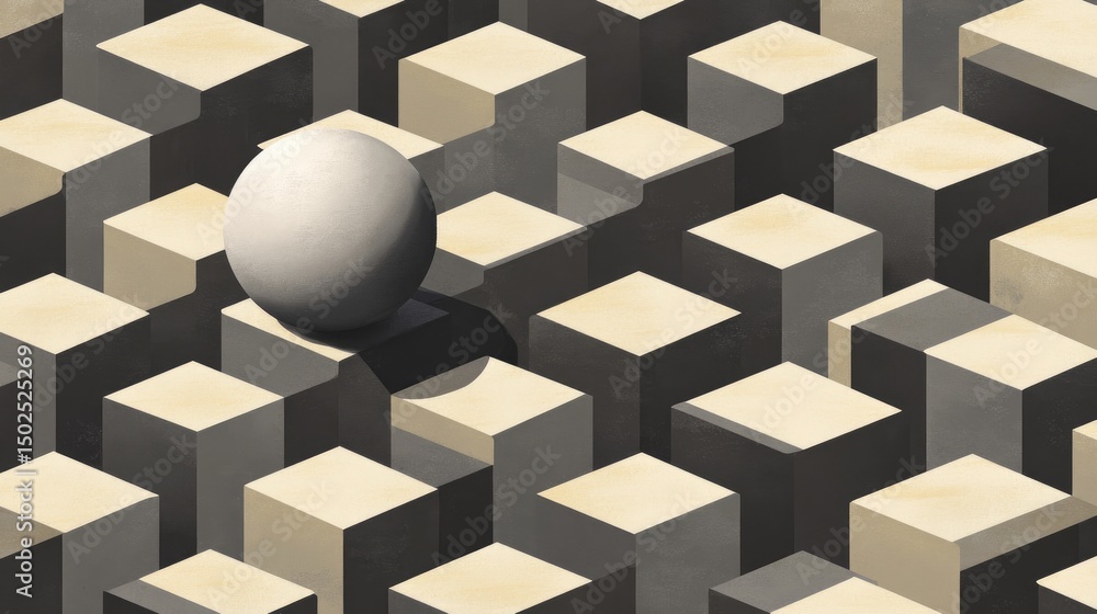 Aufkleber a white sphere rests atop a beige cube amidst a repeating pattern of dark and light cubes