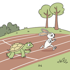 Tortoise races ahead of the hare on the track, aiming to win the classic slow-and-steady race.