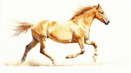 Side view of spirited horse galloping freely, mane fluttering, muscles taut with movement