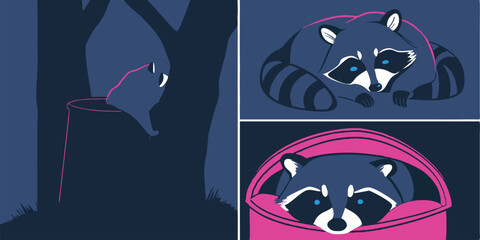 Playful illustrated raccoon trio composed in abstract style suitable for various designs
