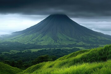 Naklejka premium Majestic volcano, shrouded in dramatic clouds, rises above lush green landscape