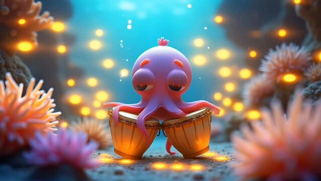Cartoon octopus playing hand drums underwater surrounded by coral reefs and glowing particles in a magical deep sea environment.