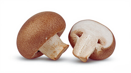 High-resolution image of two fresh champignon mushrooms—one whole, one sliced—isolated on a clean white background with clipping path. Perfect for food packaging, recipe blogs, menus, and cooking