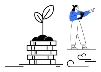 Woman holding tablet, pointing at sprouting plant atop coins, symbolizing growth, sustainability, finance, innovation, planning, business success investments. Ideal for startups finance platforms
