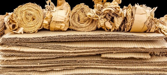Stack of corrugated cardboard sheets with crumpled paper and rolled paper in front
